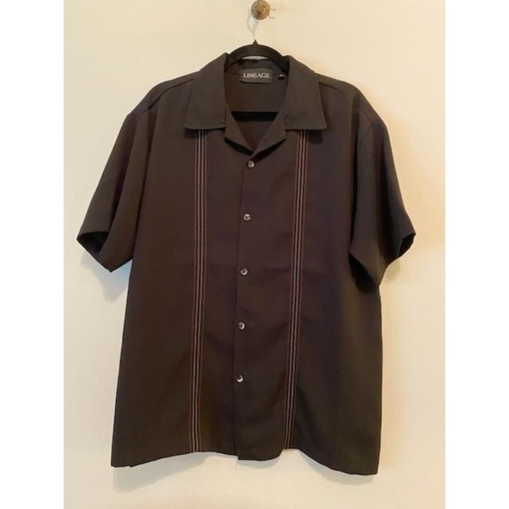 Lineage Men's Button Front Shirt Top Black Red & White Stripe Short Sleeve Large